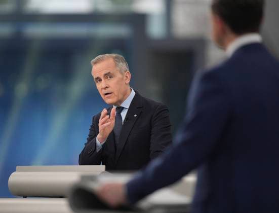 April 16, 2025, Montreal, Pq, Canada: Liberal Leader Mark Carney makes a point towards Conservative Leader Pierre Poilievre during the French-language federal leaders debate in Montreal, Wednesday, April 16, 2025. Montreal Canada  - ZUMAc35_ 20250416_zaf_c35_129 Copyright: xChristopherxKatsarovx