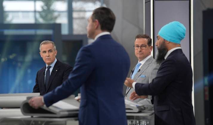 April 16, 2025, Montreal, Pq, Canada: Liberal leader Mark Carney, Bloc Quebecois Leader Yves-Francois Blanchet and Conservative Leader Pierre Poilievre listen to New Democratic Party Leader Jagmeet Singh make a point during the French-language federal leaders debate, in Montreal, Wednesday, April 16, 2025. Montreal Canada  - ZUMAc35_ 20250416_zaf_c35_130 Copyright: xThexCanadianxPressx