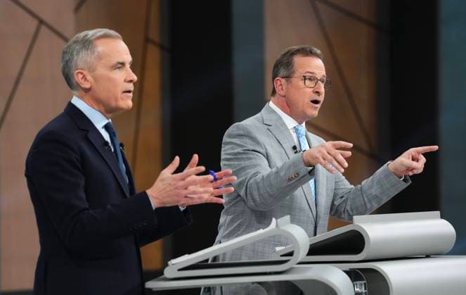 April 16, 2025, Montreal, Pq, Canada: Bloc Quebecois Leader Yves-Francois Blanchet and Liberal Leader Mark Carney both try to make points during the French-language federal leaders debate, in Montreal, Wednesday, April 16, 2025. Montreal Canada  - ZUMAc35_ 20250416_zaf_c35_136 Copyright: xSeanxKilpatrickx