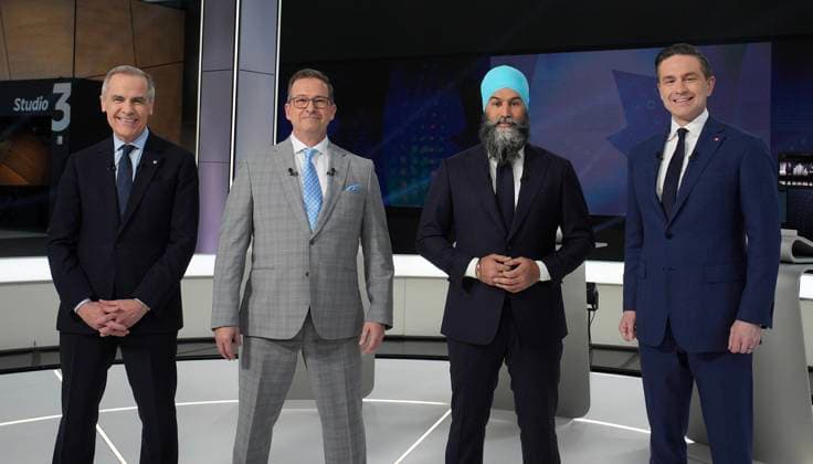 April 16, 2025, Montreal, Pq, Canada: Liberal Leader Mark Carney, Bloc Quebecois Leader Yves-Francois Blanchet, New Democratic Party Leader Jagmeet Singh and Conservative Leader Pierre Poilievre pose for a photo before the French-language federal leaders debate, in Montreal, Wednesday, April 16, 2025. Montreal Canada - ZUMAc35_ 20250416_zaf_c35_159 Copyright: xChristopherxKatsarovx