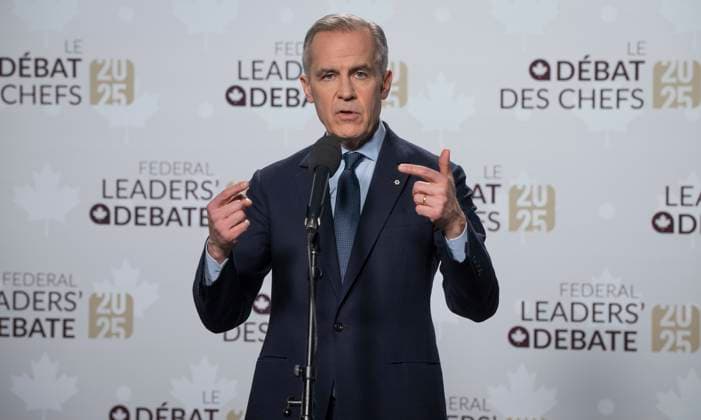 April 16, 2025, Montreal, Pq, CANADA: Liberal Leader Mark Carney speaks to the press after the French-language leaders debate in Montreal, Wednesday, April 16, 2025. Montreal CANADA  - ZUMAc35_ 20250416_zaf_c35_168 Copyright: xPeterxMccabex