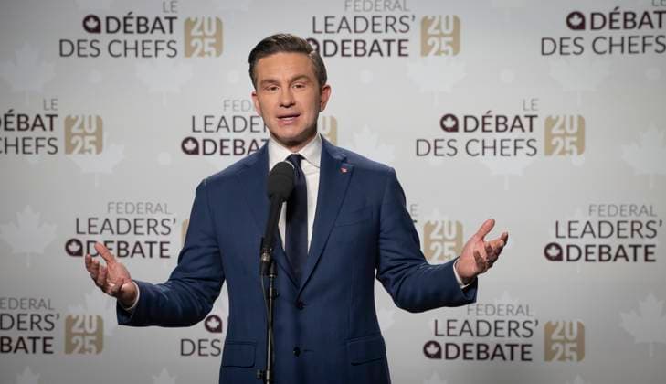 April 16, 2025, Montreal, Pq, CANADA: Conservative Leader Pierre Poilievre speaks to the press after the French-language leaders debate in Montreal, Wednesday, April 16, 2025. Montreal CANADA  - ZUMAc35_ 20250416_zaf_c35_176 Copyright: xPeterxMccabex