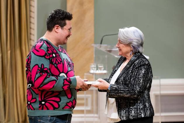 April 17, 2025, Ottawa, On, Canada: Gov. Gen. Mary Simon, right, presents Jordan Abel with the Governor GeneralöÄÃ s Literary Award in Fiction for Empty Spaces during a ceremony at Rideau Hall in Ottawa, on Thursday, April 17, 2025. Ottawa Canada  - ZUMAc35_ 20250417_zaf_c35_026 Copyright: xSpencerxColbyx