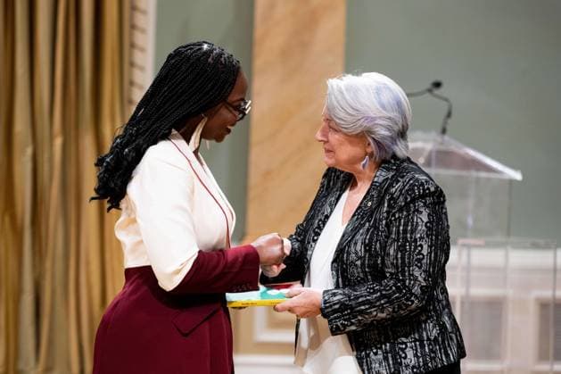 April 17, 2025, Ottawa, On, Canada: Gov. Gen. Mary Simon, right, presents Chimwemwe Undi with the Governor GeneralöÄÃ s Literary Award in Poetry for Scientific Marvel during a ceremony at Rideau Hall in Ottawa, on Thursday, April 17, 2025. Ottawa Canada  - ZUMAc35_ 20250417_zaf_c35_028 Copyright: xSpencerxColbyx