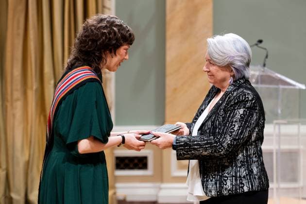 April 17, 2025, Ottawa, On, Canada: Gov. Gen. Mary Simon, right, presents Caleigh Crow with the Governor GeneralöÄÃ s Literary Award in Drama for There Is Violence and There Is Righteous Violence and There Is Death, or the Born-Again Crow during a ceremony at Rideau Hall in Ottawa, on Thursday, April 17, 2025. Ottawa Canada - ZUMAc35_ 20250417_zaf_c35_030 Copyright: xSpencerxColbyx