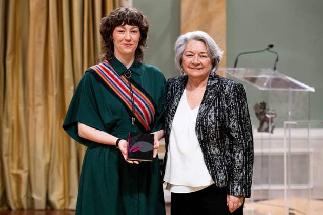 April 17, 2025, Ottawa, On, Canada: Gov. Gen. Mary Simon, right, presents Caleigh Crow with the Governor GeneralöÄÃ s Literary Award in Drama for There Is Violence and There Is Righteous Violence and There Is Death, or the Born-Again Crow during a ceremony at Rideau Hall in Ottawa, on Thursday, April 17, 2025. Ottawa Canada - ZUMAc35_ 20250417_zaf_c35_031 Copyright: xSpencerxColbyx
