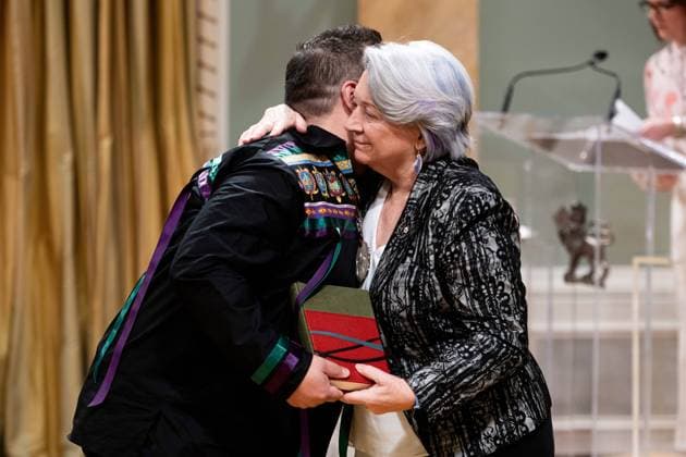 April 17, 2025, Ottawa, On, Canada: Gov. Gen. Mary Simon, right, hugs Niigaan Sinclair after presenting Sinclair with the Governor GeneralöÄÃ s Literary Award in Non-Fiction for WvÃÜnipvâ ¢k: Visions of Canada from an Indigenous Centre during a ceremony at Rideau Hall in Ottawa, on Thursday, April 17, 2025. Ottawa Canada  - ZUMAc35_ 20250417_zaf_c35_032 Copyright: xSpencerxColbyx