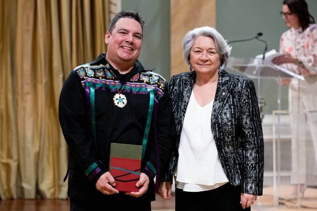 April 17, 2025, Ottawa, On, Canada: Gov. Gen. Mary Simon, right, presents Niigaan Sinclair with the Governor GeneralöÄÃ s Literary Award in Non-Fiction for WvÃÜnipvâ ¢k: Visions of Canada from an Indigenous Centre during a ceremony at Rideau Hall in Ottawa, on Thursday, April 17, 2025. Ottawa Canada  - ZUMAc35_ 20250417_zaf_c35_034 Copyright: xSpencerxColbyx