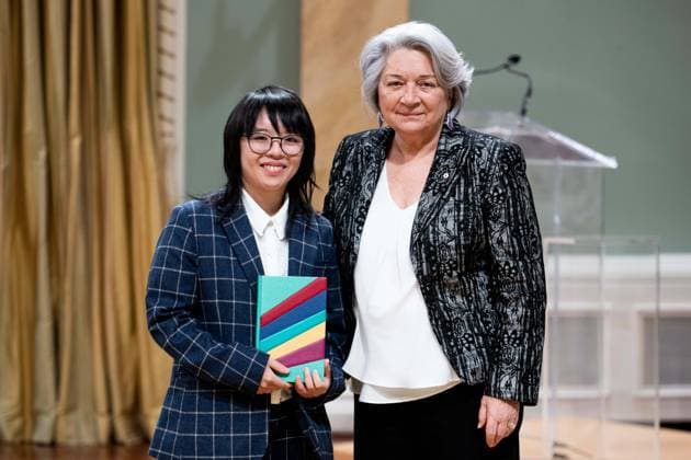 April 17, 2025, Ottawa, On, Canada: Gov. Gen. Mary Simon, right, presents Li Charmaine Anne with the Governor GeneralöÄÃ s Literary Award in Young People s Literature Text for Crash Landing during a ceremony at Rideau Hall in Ottawa, on Thursday, April 17, 2025. Ottawa Canada  - ZUMAc35_ 20250417_zaf_c35_037 Copyright: xSpencerxColbyx