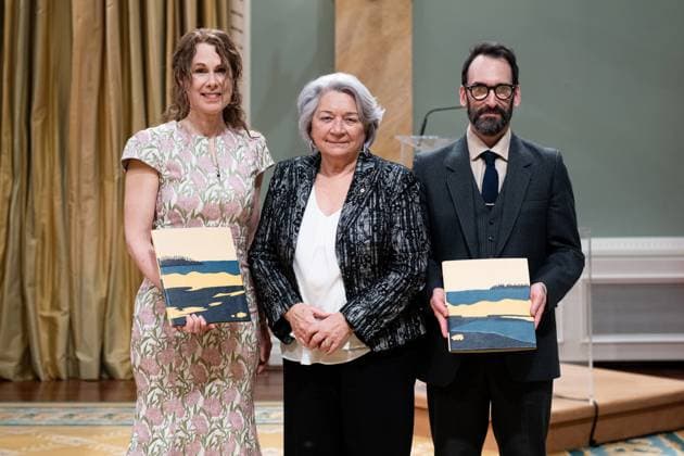 April 17, 2025, Ottawa, On, Canada: Gov. Gen. Mary Simon, centre, presents Jean E. Pendziwol, left, and Todd Stewart with the Governor GeneralöÄÃ s Literary Award in Young People s Literature Illustrated Books for Skating Wild on an Inland Sea during a ceremony at Rideau Hall in Ottawa, on Thursday, April 17, 2025. Ottawa Canada - ZUMAc35_ 20250417_zaf_c35_038 Copyright: xSpencerxColbyx