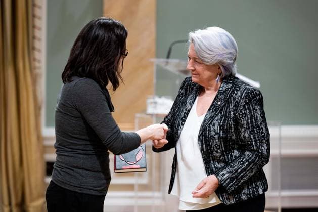 April 17, 2025, Ottawa, On, Canada: Gov. Gen. Mary Simon, right, presents Katia Grubisic with the Governor GeneralöÄÃ s Literary Award in Translation for Nights Too Short to Dance during a ceremony at Rideau Hall in Ottawa, on Thursday, April 17, 2025. Ottawa Canada  - ZUMAc35_ 20250417_zaf_c35_039 Copyright: xSpencerxColbyx