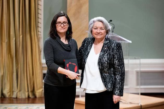 April 17, 2025, Ottawa, On, Canada: Gov. Gen. Mary Simon, right, presents Katia Grubisic with the Governor GeneralöÄÃ s Literary Award in Translation for Nights Too Short to Dance during a ceremony at Rideau Hall in Ottawa, on Thursday, April 17, 2025. Ottawa Canada  - ZUMAc35_ 20250417_zaf_c35_040 Copyright: xSpencerxColbyx