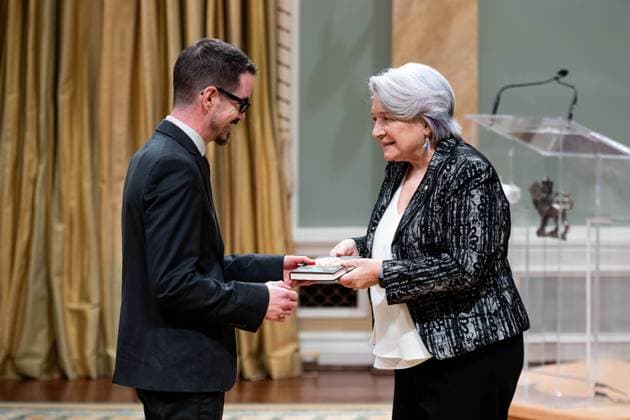April 17, 2025, Ottawa, On, Canada: Gov. Gen. Mary Simon, right, presents Steve Poutrv with the Governor GeneralöÄÃ s Literary Award in Fiction for Lait cru during a ceremony at Rideau Hall in Ottawa, on Thursday, April 17, 2025. Ottawa Canada  - ZUMAc35_ 20250417_zaf_c35_041 Copyright: xSpencerxColbyx