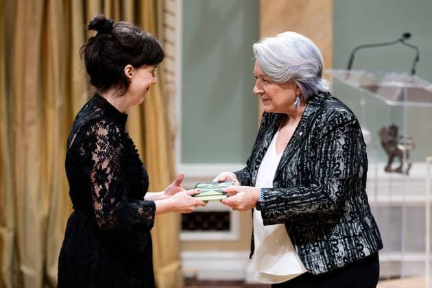 April 17, 2025, Ottawa, On, Canada: Gov. Gen. Mary Simon presents Sarah Berthiaume with the Governor GeneralöÄÃ s Literary Award in Drama for Wollstonecraft during a ceremony at Rideau Hall in Ottawa, on Thursday, April 17, 2025. Ottawa Canada  - ZUMAc35_ 20250417_zaf_c35_045 Copyright: xSpencerxColbyx