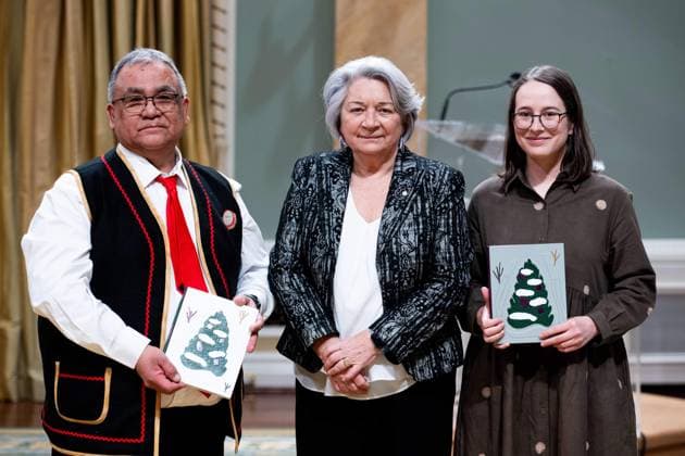 April 17, 2025, Ottawa, On, Canada: Gov. Gen. Mary Simon, centre, presents Charlotte Parent, right, and Ovila Fontaine with the Governor GeneralöÄà s Literary Award in Young People s Literature Illustrated Books for Le premier arbre de Nov l during a ceremony at Rideau Hall in Ottawa, on Thursday, April 17, 2025. Ottawa Canada - ZUMAc35_ 20250417_zaf_c35_054 Copyright: xSpencerxColbyx