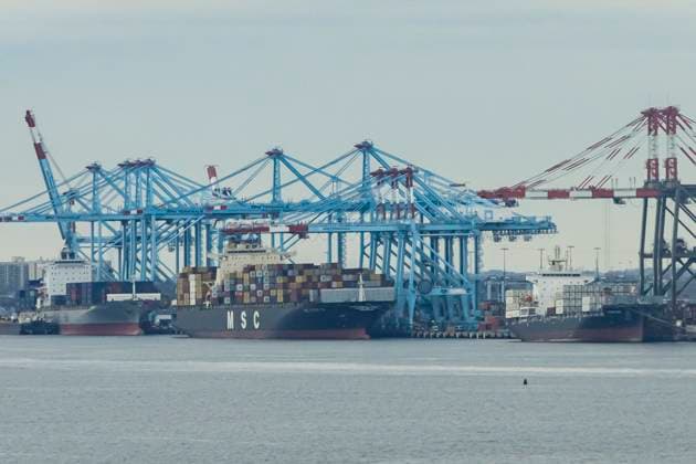 Port Newark Elizabeth Marine Terminal The APM Terminals Elizabeth in New Jersey with cargo container vessels, crane facilities and containers on the ships and the land. An MSC logo is visible at the side of a ship while APM Terminals on the blue cranes. The Port Newark Elizabeth Marine Terminal is a major component of the Port of New York and New Jersey, it is the principal container ship facility for trading goods, entering and leaving the New York metropolitan area and the northeastern quadrant of North America, located on Newark Bay run by the Port Authority of New York and New Jersey. Newark, New Jersey, United States of America on November10, 2024 Elizabeth New Jersey United States  Copyright: xNicolasxEconomoux originalFilename: economou-notitle241110_npVVZ.jpg