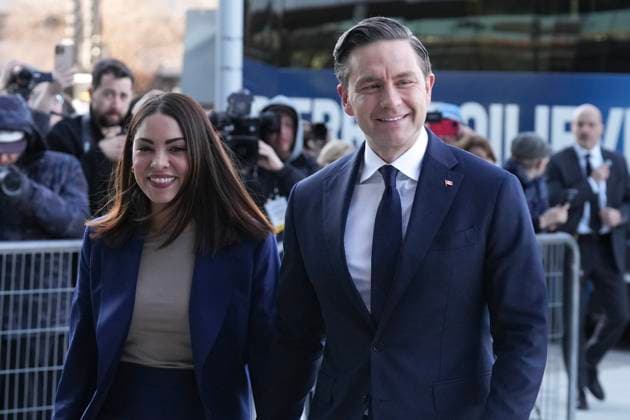 April 17, 2025, Montreal, Pq, CAN: Conservative Leader Pierre Poilievre. arrives with his wife Anaida Poilievre, for the English-language federal election debate, in Montreal, on Thursday, April 17, 2025. Montreal CAN  - ZUMAc35_ 20250417_zaf_c35_079 Copyright: xChrisxYoungx