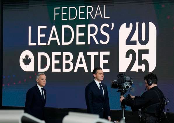 April 17, 2025, Montreal, Pq, Canada: Liberal Leader Mark Carney, left, and Conservative Leader Pierre Poilievre arrives to take part in the English-language federal leaders debate, in Montreal, Thursday, April 17, 2025. Montreal Canada - ZUMAc35_ 20250417_zaf_c35_089 Copyright: xAdrianxWyldx
