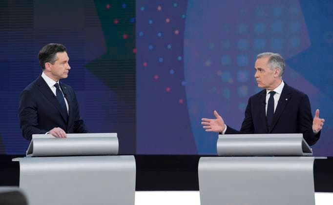 April 17, 2025, Montreal, Pq, Canada: Conservative Leader Pierre Poilievre, left, and Liberal Leader Mark Carney participate in the English-language federal leaders debate in Montreal, Thursday, April 17, 2025. Montreal Canada  - ZUMAc35_ 20250417_zaf_c35_097 Copyright: xChristopherxKatsarovx
