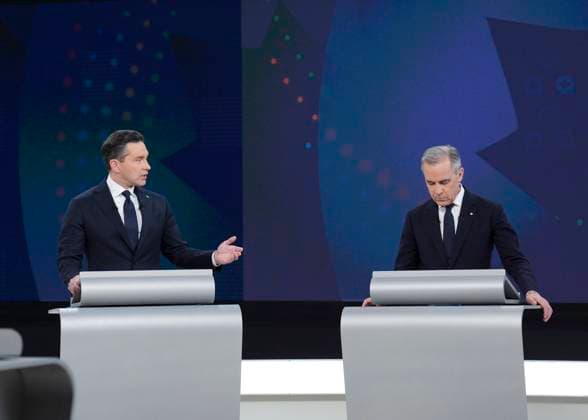 April 17, 2025, Montreal, Pq, Canada: Conservative Leader Pierre Poilievre, left, and Liberal Leader Mark Carney participate in the English-language federal leaders debate in Montreal, Thursday, April 17, 2025. Montreal Canada  - ZUMAc35_ 20250417_zaf_c35_098 Copyright: xChristopherxKatsarovx