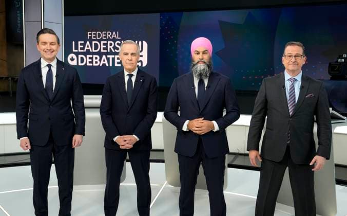 April 17, 2025, Montreal, Pq, Canada: Conservative Leader Pierre Poilievre, left to right, Liberal Leader Mark Carney, New Democratic Party Leader Jagmeet Singh, and Bloc Quebecois Leader Yves-Francois Blanchet, take part in a group photo prior ..participating in the English-language federal leaders debate, in Montreal, Thursday, April 17, 2025. Montreal Canada - ZUMAc35_ 20250417_zaf_c35_108 Copyright: xAdrianxWyldx