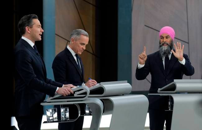 April 17, 2025, Montreal, Quebec, Canada: Conservative Leader Pierre Poilievre, left to right, Liberal Leader Mark Carney and New Democratic Party Leader Jagmeet Singh participate in the English-language federal leaders debate in Montreal, Thursday, April 17, 2025. Montreal Canada  - ZUMAc35_ 20250417_zaf_c35_123 Copyright: xAdrianxWyldx
