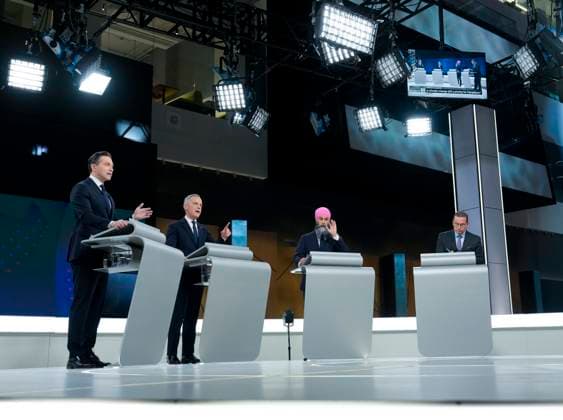 April 17, 2025, Montreal, Quebec, Canada: Conservative Leader Pierre Poilievre, left to right, Liberal Leader Mark Carney and New Democratic Party Leader Jagmeet Singh and Bloc Quebecois Leader Yves-Francois Blanchet participate in the English-language federal leaders debate in Montreal, Thursday, April 17, 2025. Montreal Canada  - ZUMAc35_ 20250417_zaf_c35_143 Copyright: xAdrianxWyldx