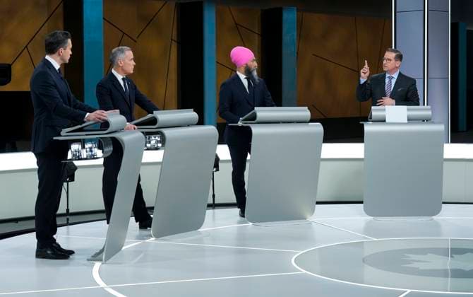April 17, 2025, Montreal, Quebec, Canada: Conservative Leader Pierre Poilievre, left to right, Liberal Leader Mark Carney and New Democratic Party Leader Jagmeet Singh and Bloc Quebecois Leader Yves-Francois Blanchet participate in the English-language federal leaders debate in Montreal, Thursday, April 17, 2025. Montreal Canada  - ZUMAc35_ 20250417_zaf_c35_149 Copyright: xAdrianxWyldx