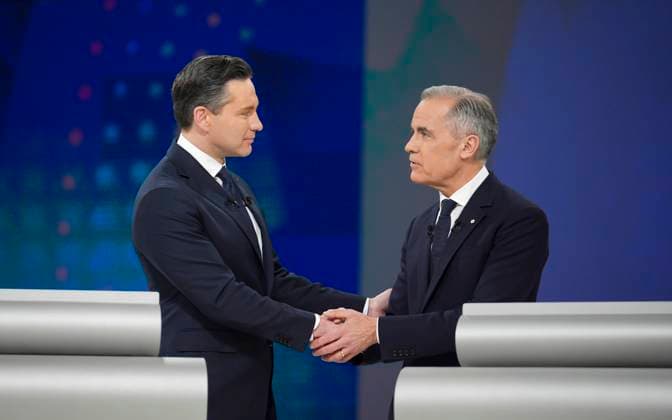 April 17, 2025, Montreal, Quebec, Canada: Conservative Leader Pierre Poilievre, left, and Liberal Leader Mark Carney shake hands following the English-language federal leaders debate in Montreal, Thursday, April 17, 2025. Montreal Canada  - ZUMAc35_ 20250417_zaf_c35_160 Copyright: xChristopherxKatsarovx