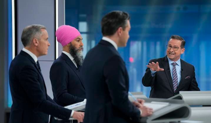 April 17, 2025, Montreal, Quebec, Canada: Liberal Leader Mark Carney, left to right, New Democratic Party Leader Jagmeet Singh, Conservative Leader Pierre Poilievre and Bloc Quebecois Leader Yves-Francois Blanchet participate in the English-language federal leaders debate in Montreal, Thursday, April 17, 2025. Montreal Canada - ZUMAc35_ 20250417_zaf_c35_179 Copyright: xAdrianxWyldx