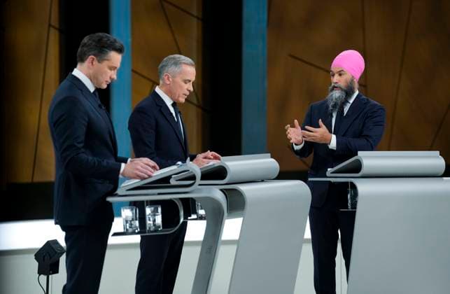 April 17, 2025, Montreal, Quebec, Canada: Conservative Leader Pierre Poilievre, left to right, Liberal Leader Mark Carney and New Democratic Party Leader Jagmeet Singh participate in the English-language federal leaders debate in Montreal, Thursday, April 17, 2025. Montreal Canada  - ZUMAc35_ 20250417_zaf_c35_183 Copyright: xAdrianxWyldx