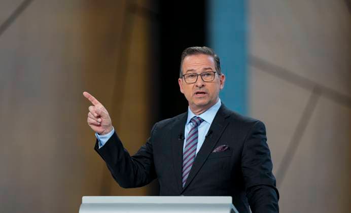April 17, 2025, Montreal, Quebec, Canada: Bloc Quebecois Leader Yves-Francois Blanchet participates in the English-language federal leaders debate in Montreal, Thursday, April 17, 2025. Montreal Canada  - ZUMAc35_ 20250417_zaf_c35_196 Copyright: xAdrianxWyldx