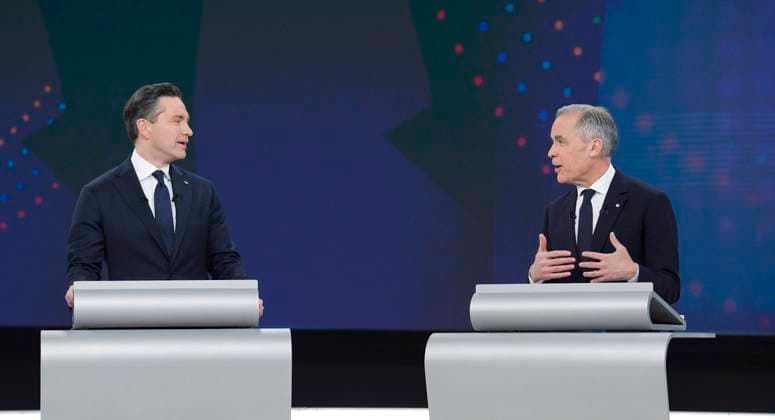 April 17, 2025, Montreal, Pq, Canada: Conservative Leader Pierre Poilievre, left, and Liberal Leader Mark Carney participate in the English-language federal leaders debate in Montreal, Thursday, April 17, 2025. Montreal Canada  - ZUMAc35_ 20250417_zaf_c35_198 Copyright: xChristopherxKatsarovx