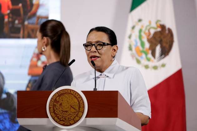 Interior Minister, Rosa Icela Rodriguez speaks during a briefing conference at National Palace. on April 22, 2025 in Mexico City, Mexico. Mexico City Mexico - ZUMAe321 20250422_zia_e321_012 Copyright: xLuisxBarronx
