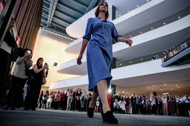 April 22, 2025, New York, New York, USA: The UNHQ held a fashion show releasing the newest designs for UN tour guides at all locations. The tour guides from UNHQ were also the models..A design put together by a collective of 20 designers all from the Swedish School of Textiles focusing on a new avant-garde design. The aim is for sustainability in fashion and to raise awareness in sustainable living for a forward thinking ethos. New York USA - ZUMAo116 20250422_znp_o116_049 Copyright: xBiancaxOterox