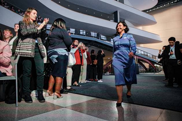 April 22, 2025, New York, New York, USA: The UNHQ held a fashion show releasing the newest designs for UN tour guides at all locations. The tour guides from UNHQ were also the models..A design put together by a collective of 20 designers all from the Swedish School of Textiles focusing on a new avant-garde design. The aim is for sustainability in fashion and to raise awareness in sustainable living for a forward thinking ethos. New York USA - ZUMAo116 20250422_znp_o116_056 Copyright: xBiancaxOterox