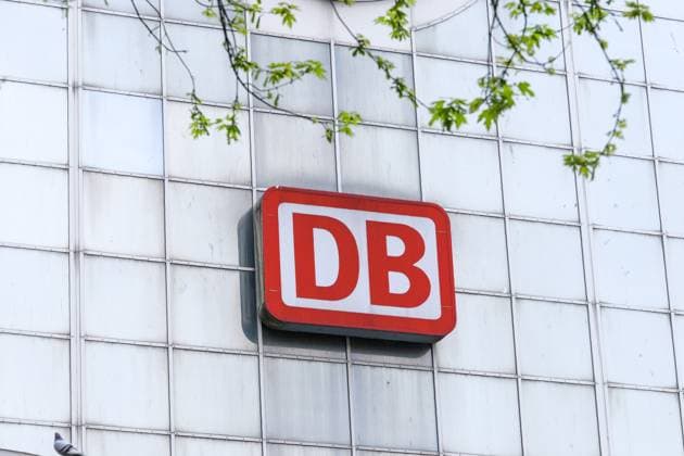 Düsseldorf 23 04 2025 DB Deutsche Bahn railroad logo main station Bertha von Suttner Platz Germany ticket Düsseldorf North Rhine-Westphalia Germany