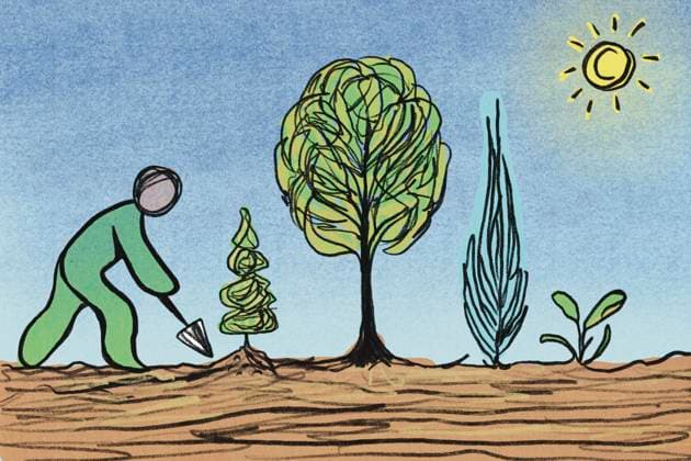Illustration of a person planting trees under a sunny sky property released, JMHMF00547
