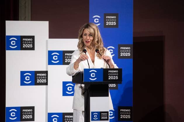 Yolanda Díaz closes the ceremony of the CEDRO Award to Manuel Rivas The Second Vice President and Minister of Labor and Social Economy, Yolanda Díaz, speaks during the closing ceremony of the CEDRO Award, on April 25, 2025, in Madrid Spain The CEDRO Award, which this year has received the writer and journalist Manuel Rivas, is awarded on the occasion of International Intellectual Property Day, with the aim of recognizing the career of a person or institution that stands out for defending culture in general and copyright in particular 25 APRIL 2025 AUTHOR AWARD CULTURE INTELLECTUAL PROPERTY Alejandro Martínez Vé Madrid Madrid Madrid Spain  Copyright: xAlejandroxMartinezxVÃ lezx 6675448