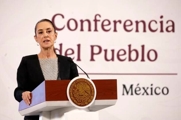 Mexico s President, Claudia Sheinbaum Pardo, speaks during a briefing conference about the national earthquake drill to held on April 29th and the functioning of the National Employment System at National Palace. on April 25, 2025 in Mexico City, Mexico. Mexico City Mexico - ZUMAe321 20250425_zia_e321_019 Copyright: xLuisxBarronx