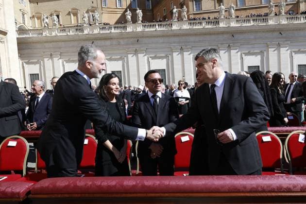 26-04-2025 King Felipe VI and Queen Letizia attend the funeral of Pope Francis in St. Peters Square at the Vatican. Â  Copyright: xPPEx