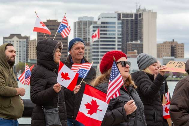 April 26, 2025, Detroit, Michigan, USA: Detroit, Michigan USA - 26 April 2025 - A Bridging Our Friendship rally on the banks of the Detroit River pushes back at the anti-Canada attitude of the Trump Administration. A similar rally took place acress the river in Windsor, Ontario, and at other border crossings in Michigan and Ontario. Detroit USA - ZUMAw66_ 20250426_zaf_w66_008 Copyright: xJimxWestx