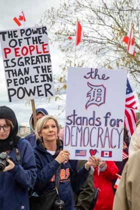 April 26, 2025, Detroit, Michigan, USA: Detroit, Michigan USA - 26 April 2025 - A Bridging Our Friendship rally on the banks of the Detroit River pushes back at the anti-Canada attitude of the Trump Administration. A similar rally took place acress the river in Windsor, Ontario, and at other border crossings in Michigan and Ontario. Detroit USA - ZUMAw66_ 20250426_zaf_w66_014 Copyright: xJimxWestx