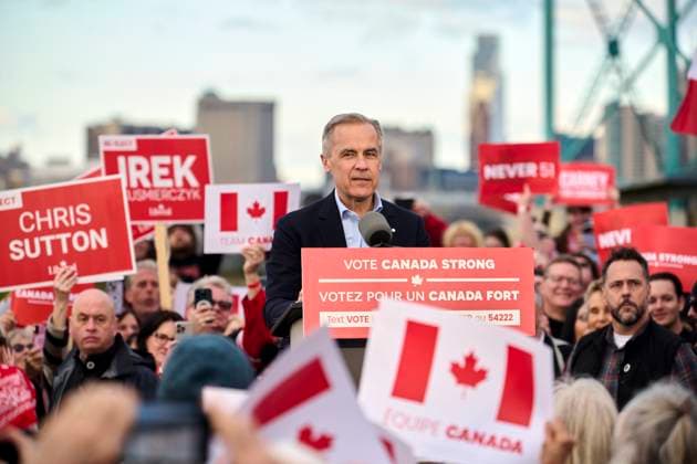 April 26, 2025, Windsor, Ontario, USA: Canadian Prime Minister Mark Carney holds an election rally in Windsor, Ontario on Saturday, April 26, 2025. Windsor USA - ZUMAg216 20250426_znp_g216_004 Copyright: xDominicxGwinnx
