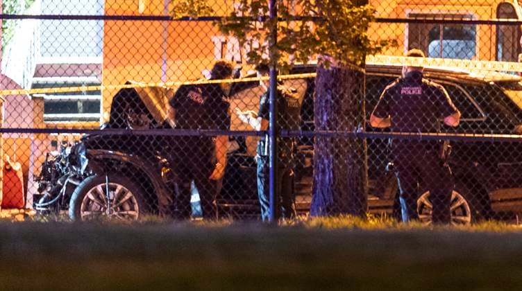 April 26, 2025, Vancouver, Bc, CANADA: Vancouver Police look over a black car believed to be involved in an incident where a vehicle drove into a crowd at the Lapu Lapu Festival in Vancouver on Saturday April 26, 2025. There has been a number of fatalities and numerous injuries. Vancouver CANADA  - ZUMAc35_ 20250426_zaf_c35_088 Copyright: xRichxLamx