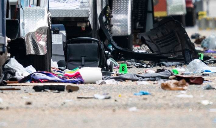 April 27, 2025, Vancouver, Bc, CANADA: Debris and evidence markers lay on the street while police investigate after a vehicle drove into crowd at a street festival Saturday evening in Vancouver, Sunday, April 27, 2025. Vancouver CANADA  - ZUMAc35_ 20250427_zaf_c35_067 Copyright: xRichxLamx