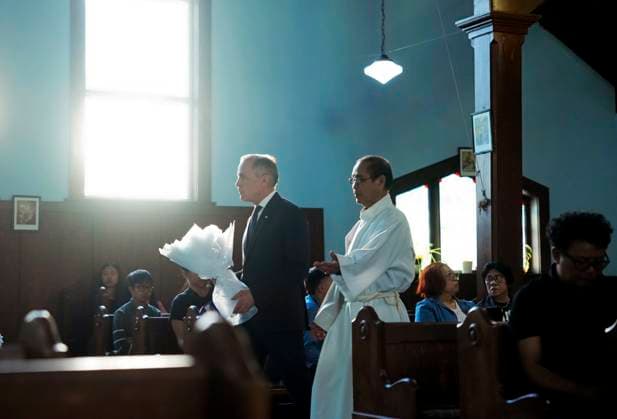 April 27, 2025, Vancouver, Bc, Canada: Liberal Leader Mark Carney walks with Fr. Expedito Farinas as he visits St. Mary the Vigil South Hill Church in Vancouver, B.C., on Sunday, April 27, 2025. Shock and grief rippled through Canada s Filipino community on Sunday as members struggled to come to grips with an attack at a cultural street festival in Vancouver on Saturday that killed 11 people and injured dozens more. Vancouver Canada  - ZUMAc35_ 20250427_zaf_c35_109 Copyright: xSeanxKilpatrickx