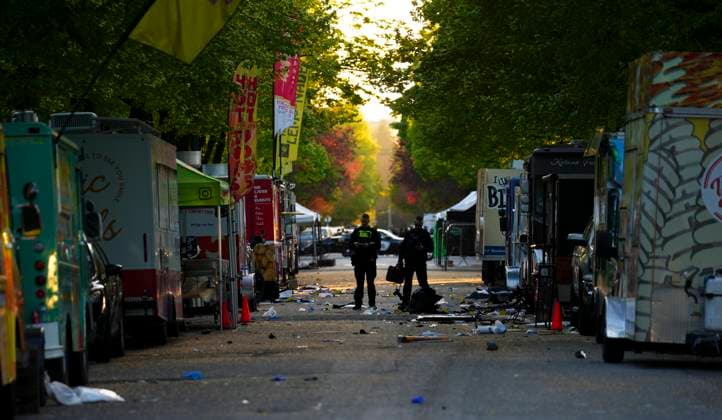 April 27, 2025, Vancouver, Bc, Canada: Members of the Vancouver Police forensics team examine the scene where a vehicle drove into a crowd at a Lapu Lapu Day street festival Saturday evening in Vancouver, Sunday, April 27, 2025. Shock and grief rippled through Canada s Filipino community on Sunday as members struggled to come to grips with an attack at a cultural street festival in Vancouver on Saturday that killed 11 people and injured dozens more. Vancouver Canada  - ZUMAc35_ 20250427_zaf_c35_125 Copyright: xSeanxKilpatrickx