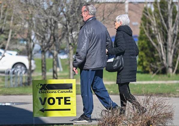 April 28, 2025, Chambly, Pq, Canada: People arrive to cast their ballots at a polling station on federal election day in Chambly, Que., Monday, April 28, 2025. Chambly Canada  - ZUMAc35_ 20250428_zaf_c35_002 Copyright: xGrahamxHughesx