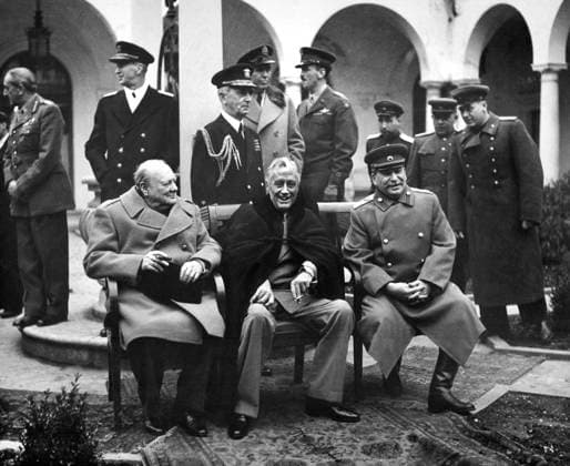 February 9, 1945, Yalta, Crimea, Ukraine: British Prime Minister Winston Churchill, U.S. President Franklin D. Roosevelt and Soviet General Secretary Josef Stalin at Yalta Conference, Livadia Palace, Yalta, USSR, U.S. Army Signal Corps, February 1945 Yalta Ukraine - ZUMAg145 19450209_aza_g145_002 Copyright: xJTxVintagex